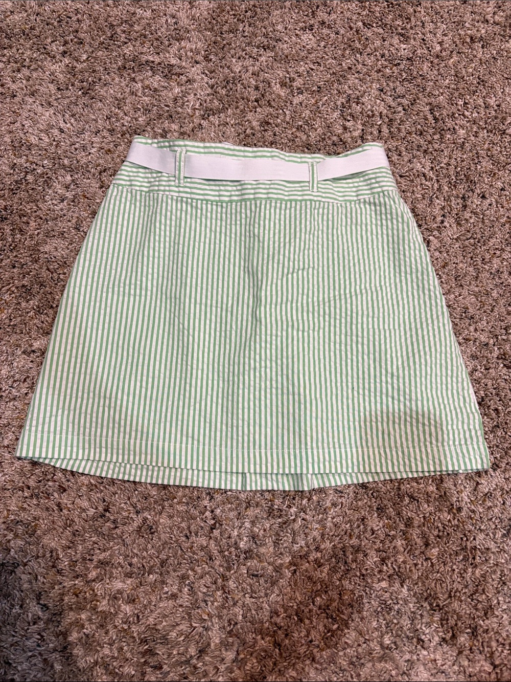 Women's Green Striped A-Line Skirt with White Ribbon Waistband